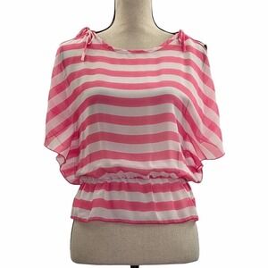 JENNA & Jessie Girl's Pink & White Striped Smocked Waist Cold Shoulder Blouse